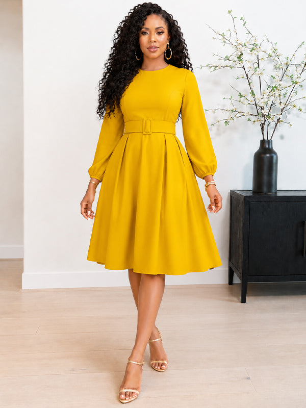Solid Round-Neck Belted Dress – Beautiedoll