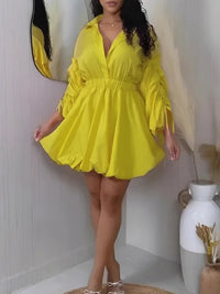 Ruched-Sleeve Button-Front Dress