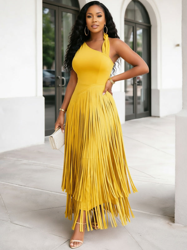 Solid Sleeveless Fringe Dress