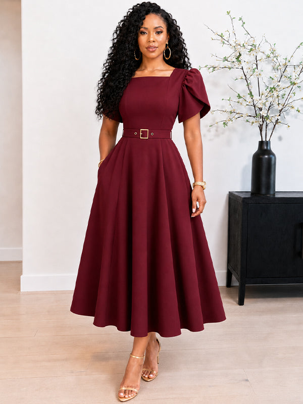 Puff-Sleeve Belted Dress