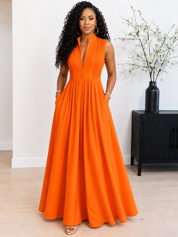 Solid Button-Front Sleeveless Dress – Beautiedoll