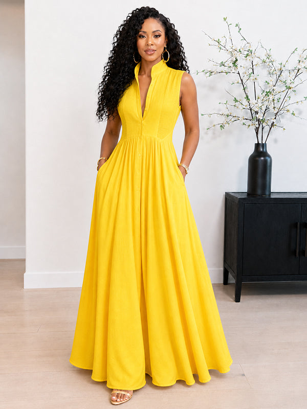 Solid Button-Front Sleeveless Dress – Beautiedoll