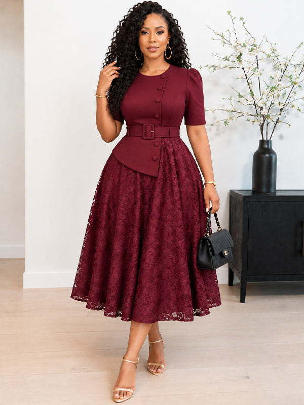 Lace Combo Belted Dress
