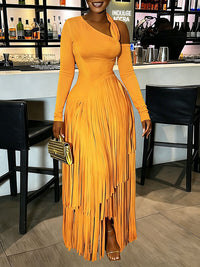 Asymmetric-Neck Fringe Dress