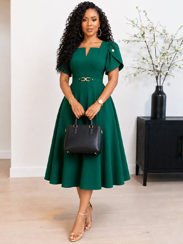 Belted V-Neck Midi Dress