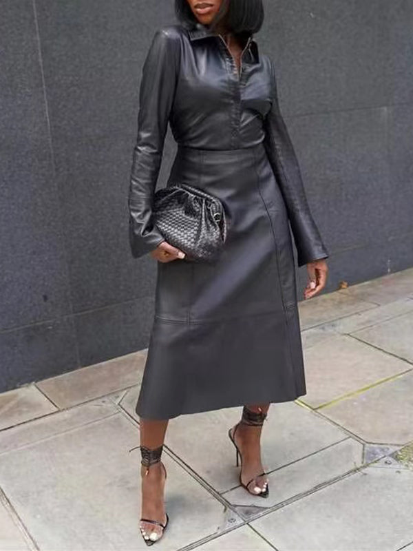 Faux-Leather Shirt & Skirt Set