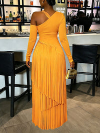 Asymmetric-Neck Fringe Dress