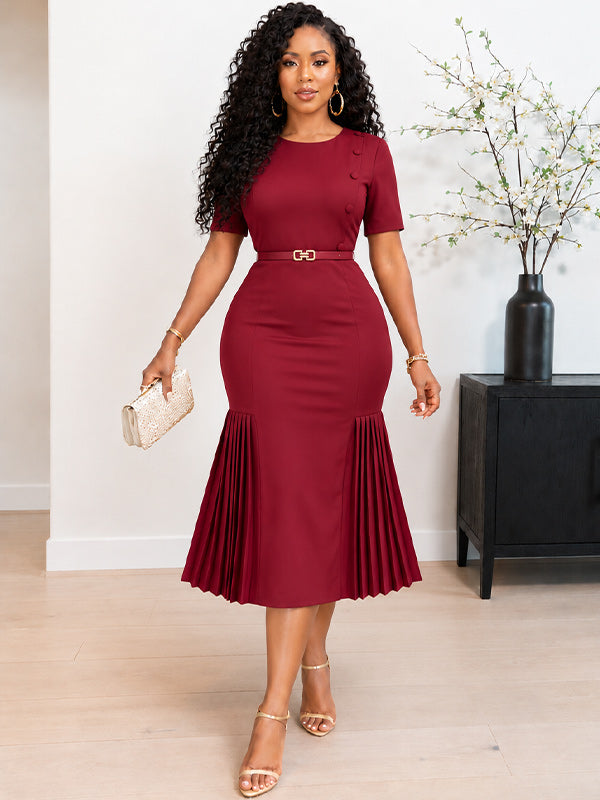 Belted Pleated Bodycon Dress