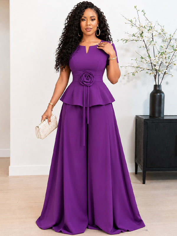 3D Floral Top & Wide-Leg Pants Set