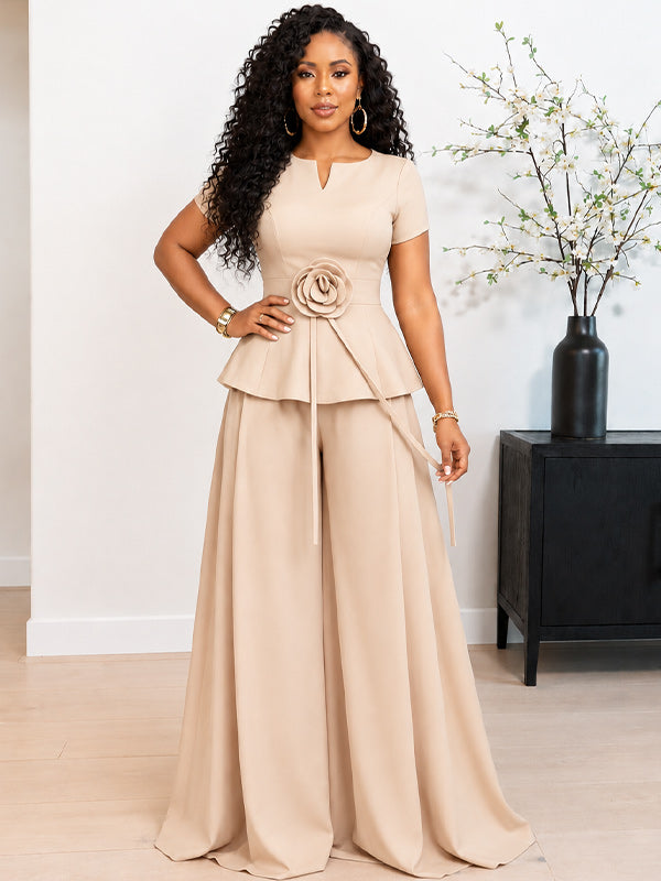 3D Floral Top & Wide-Leg Pants Set