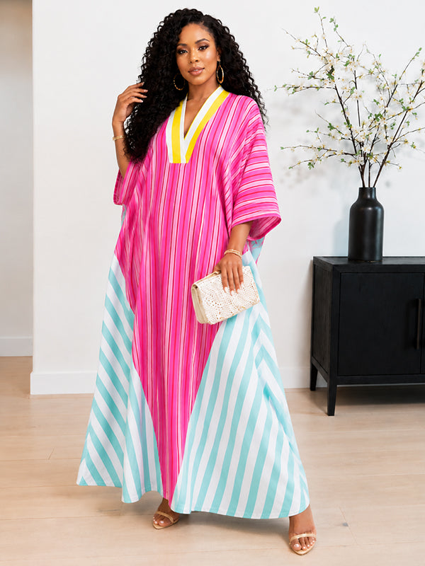 Stripe-Combo V-Neck Dress