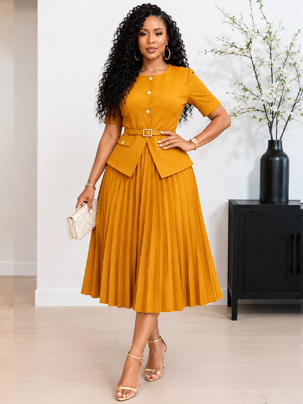 Button-Front Belted Pleated Dress – Beautiedoll