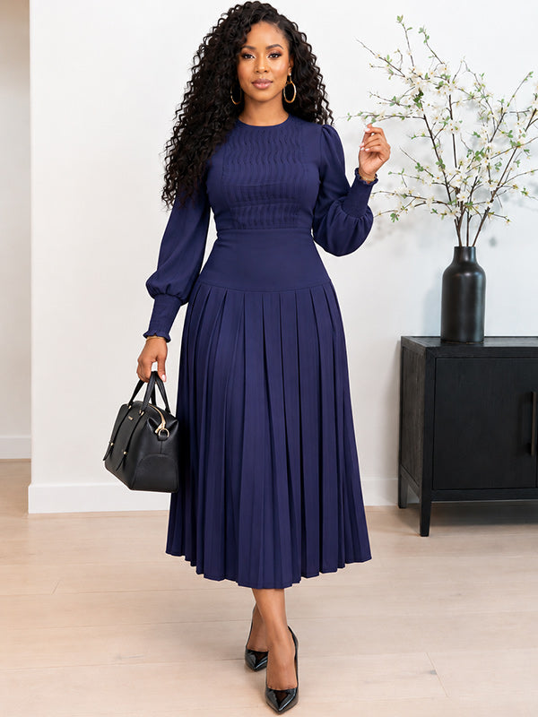 Bishop-Sleeve Pleated Dress