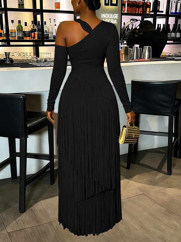 Asymmetric-Neck Fringe Dress