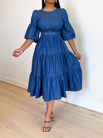 Beautiedoll Belted Ruffle Denim Dress