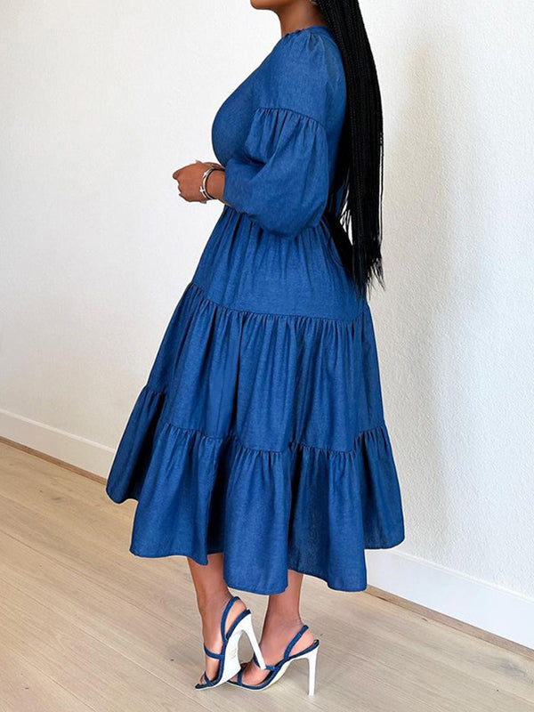 Beautiedoll Belted Ruffle Denim Dress