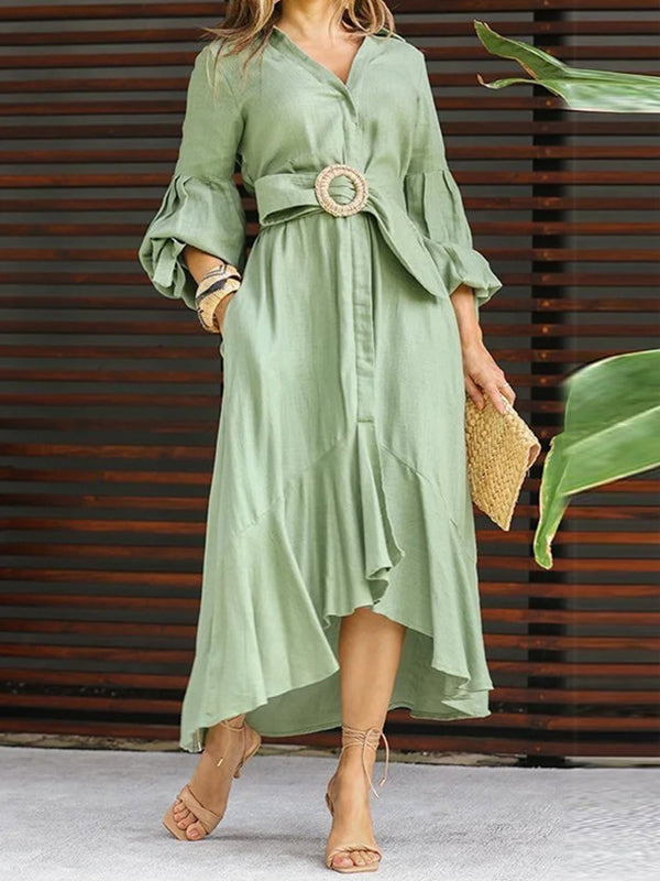 Belted Puff-Sleeve Shirt Dress