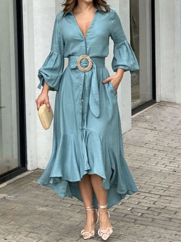 Belted Puff-Sleeve Shirt Dress