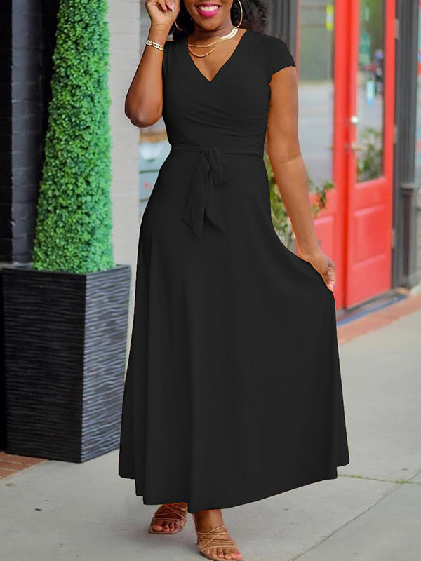 Solid V-Neck Tied Dress