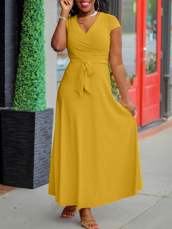 Solid V-Neck Tied Dress