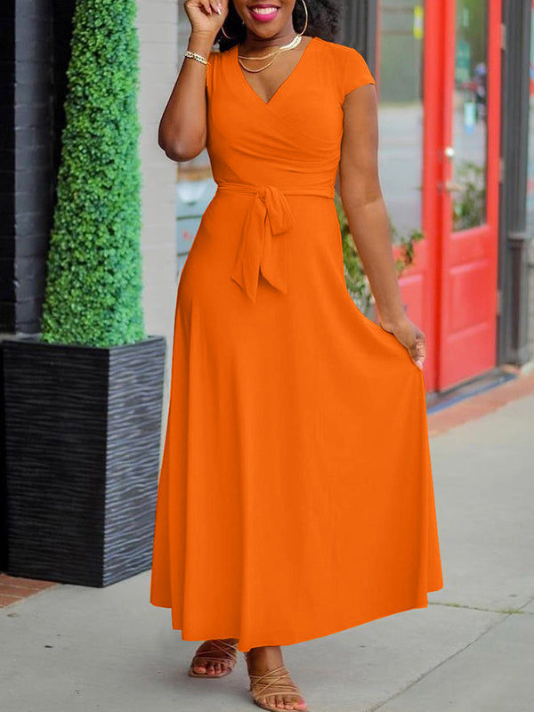 Solid V-Neck Tied Dress