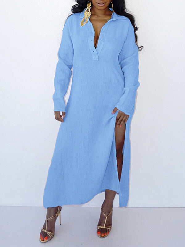 Solid Button-Front Slit Dress