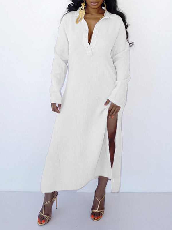 Solid Button-Front Slit Dress