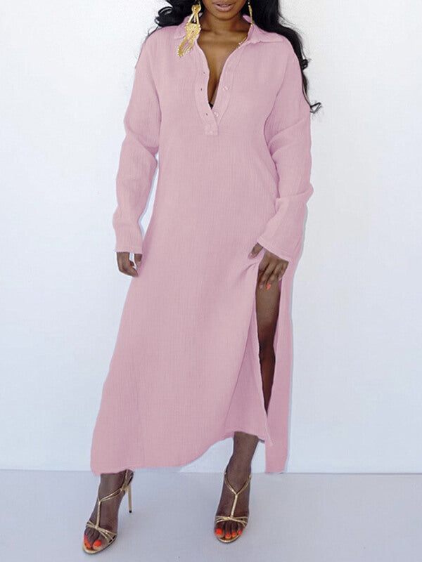 Solid Button-Front Slit Dress