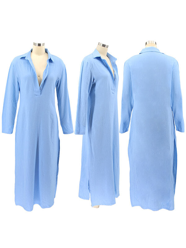 Solid Button-Front Slit Dress