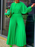 Pleated Puff-Sleeve Top & Wide-Leg Pants Set