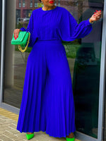 Beautiedoll Pleated Puff-Sleeve Top & Wide-Leg Pants Set