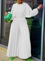 Beautiedoll Pleated Puff-Sleeve Top & Wide-Leg Pants Set