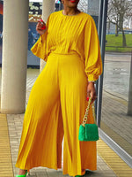 Pleated Puff-Sleeve Top & Wide-Leg Pants Set