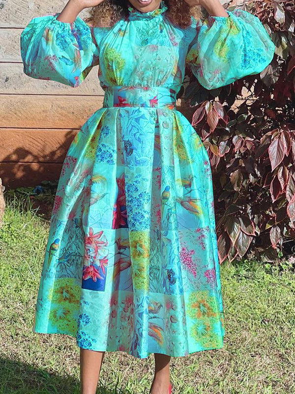 Printed Puff-Sleeve Dress