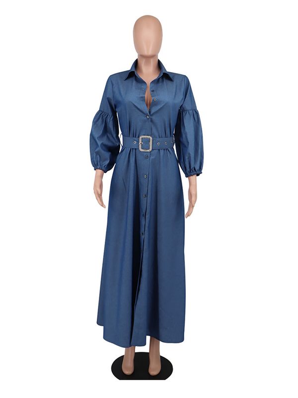 Beautiedoll Belted Puff-Sleeve Shirt Dress