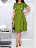 Button-Front Frilled Pleated Dress