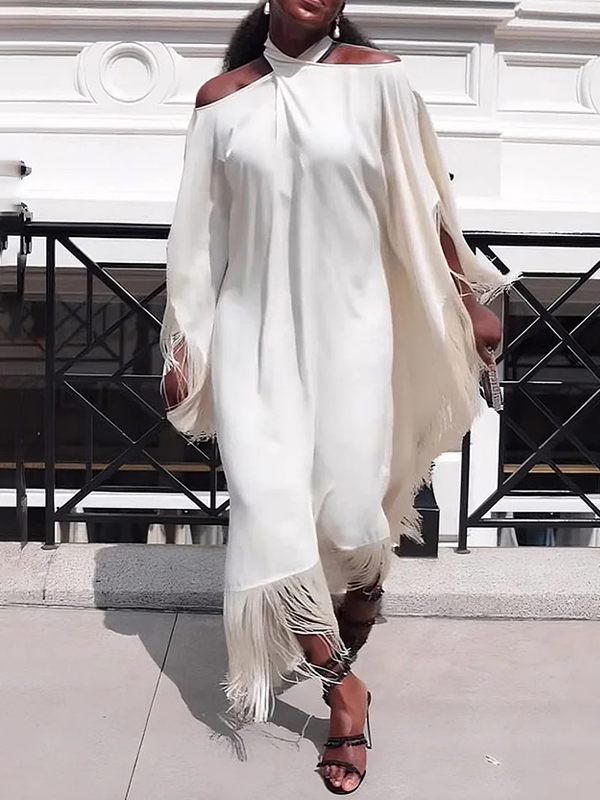 White Halter Fringe Dress