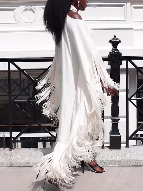 White Halter Fringe Dress