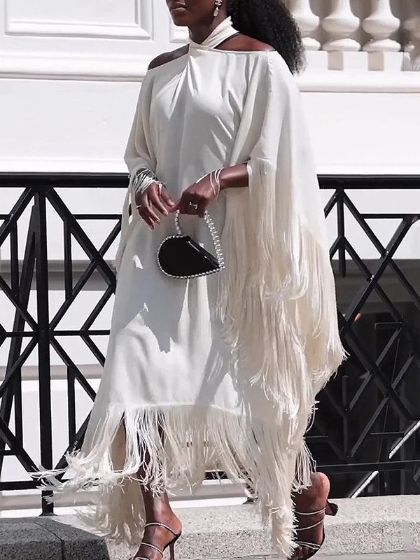 White Halter Fringe Dress