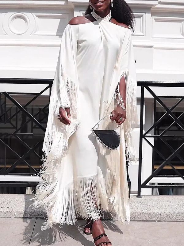White Halter Fringe Dress