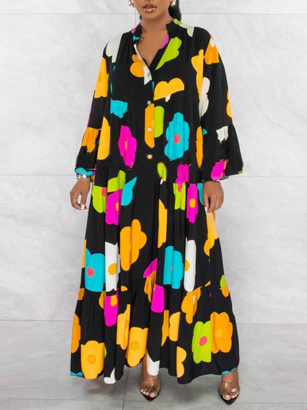 Floral Button-Front Ruffle Dress