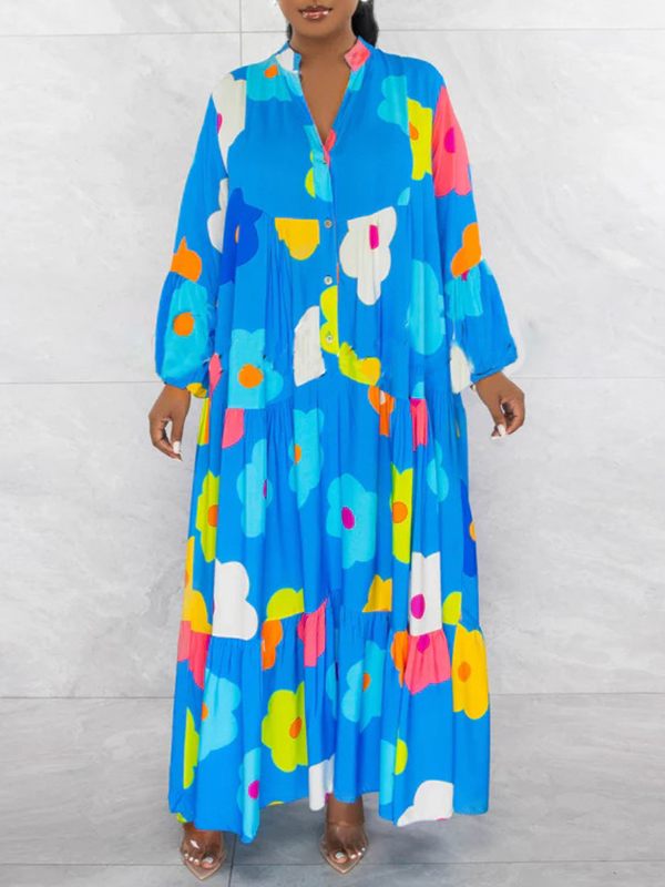 Floral Button-Front Ruffle Dress