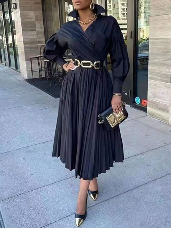 Solid Pleated Shirt Dress