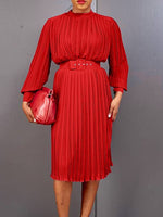 Solid Belted Pleated Dress