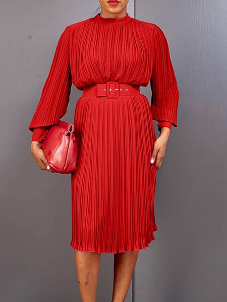 Solid Belted Pleated Dress