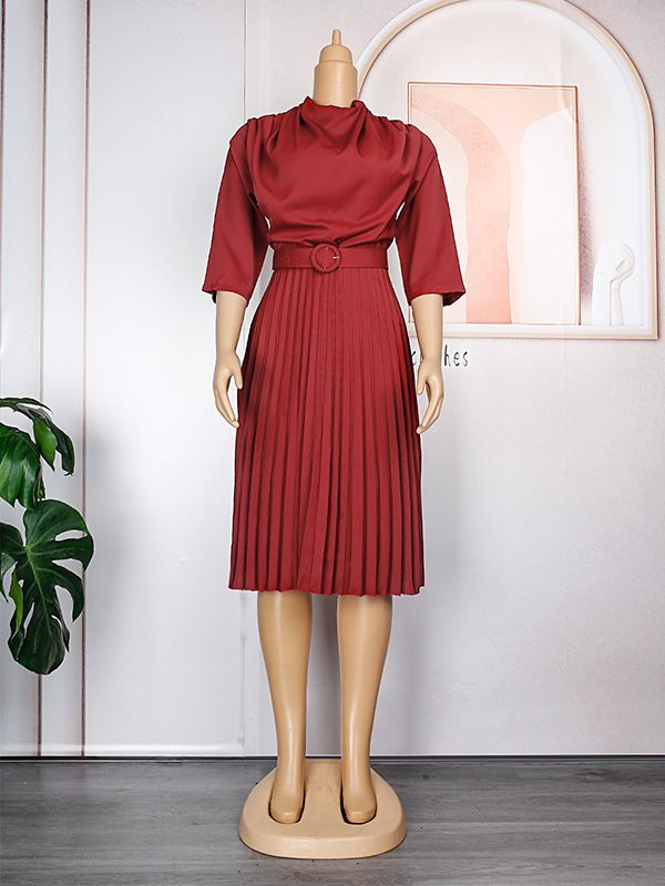Beautiedoll Solid Belted Pleated Dress