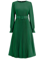 Solid Belted Pleated Dress