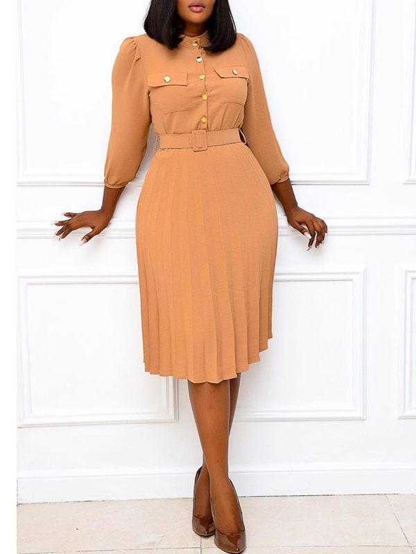 Button-Front Belted Pleated Dress
