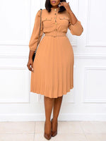 Button-Front Belted Pleated Dress