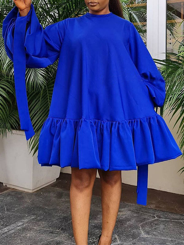 Solid Puff-Sleeve Ruffle Dress